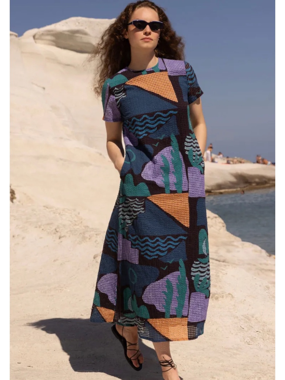 Oliphant Abstract Geometric Short-Sleeve Maxi Dress in Teal, Purple & Orange